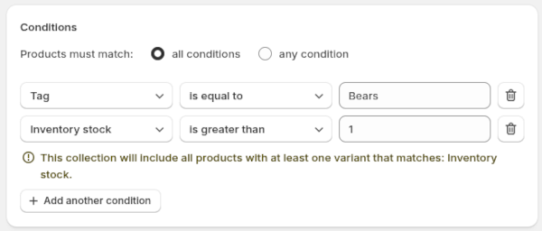 Shopify smart collections inventory condition