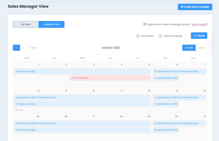 Sales Discount Manager campaign calendar showing scheduled promotions